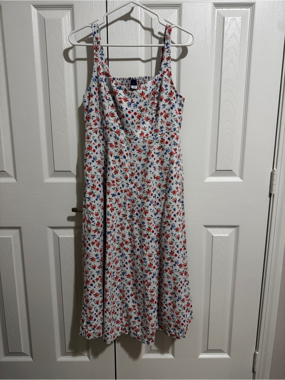 Old Navy White Midi Dress with Red & Blue Floral Pattern